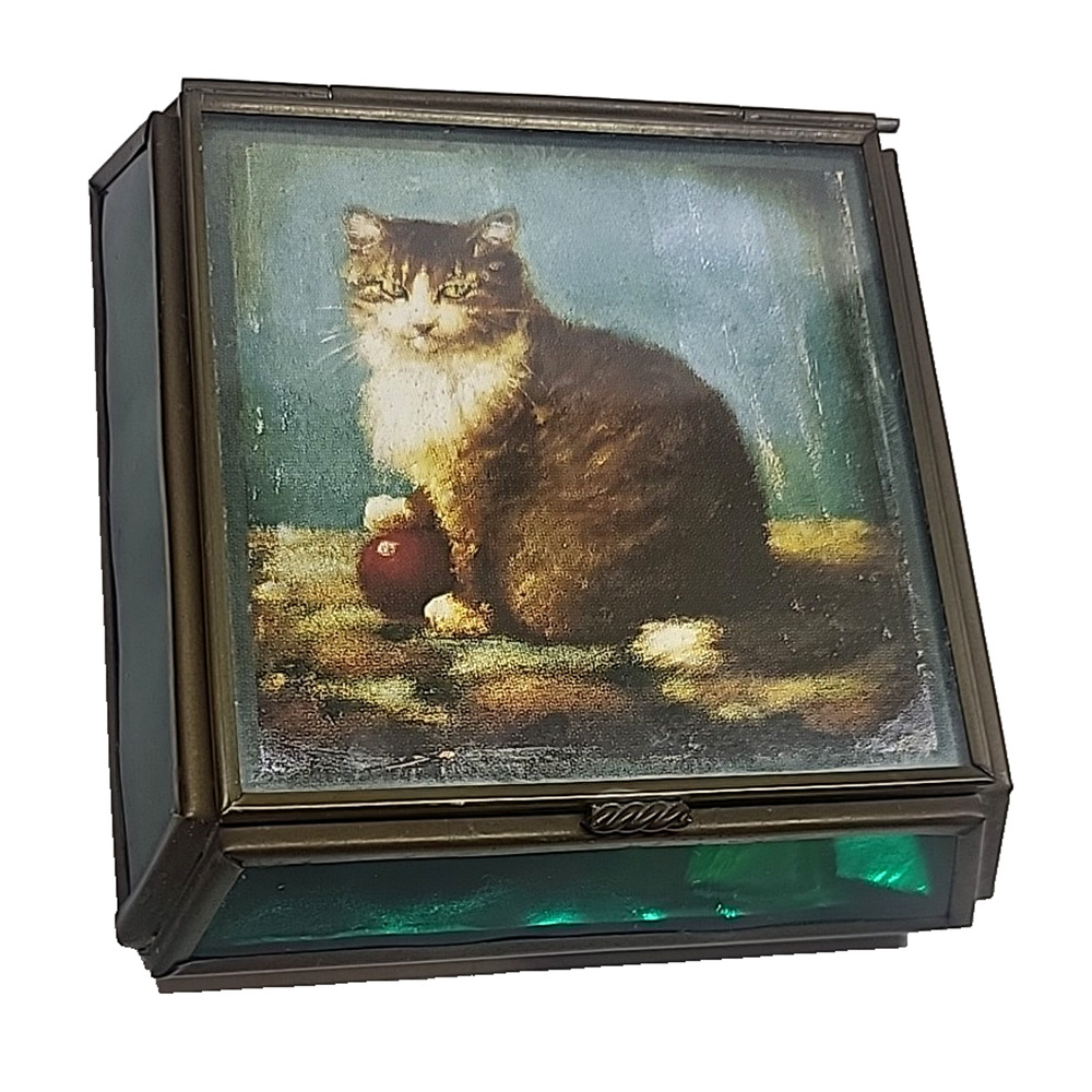 Vintage Brass Trinket Box Cat Art Glass Sides Mirror Interior Viva Mexico